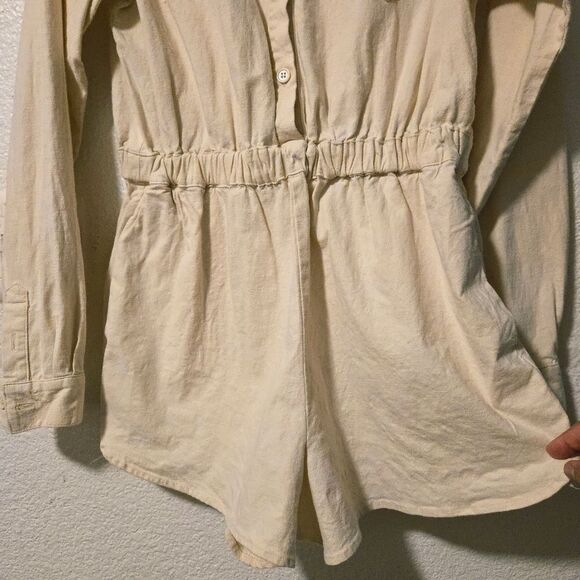 LPA Karolina Linen Blend Coverall Utility Long Sleeve Romper Oatmeal Beige Sz M - Picture 3 of 10